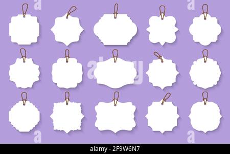 Weiße Zierrahmen mit Faden. Retro-Abzeichen-Vektor-Set. Designvorlagen für Vintage-Verpackungen für Flaschen, Gläser, Tassen oder Geschirr. Spezielle Supermarkt Werbeangebot Preisschild. Stock Vektor