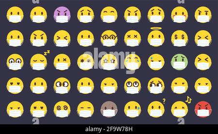 Cartoon Coronavirus Emoji in medizinischen Masken gesetzt. Vector gelbe Emoticon Kollektion isoliert auf schwarz. Stimmung und Gesichtslächeln. Lustig, wütend, glücklich und traurig Gesichter Web-Icons für die Nachricht. Stock Vektor