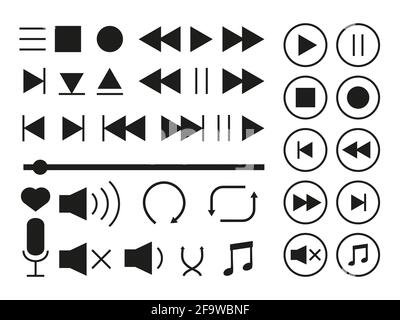 Media Player-Symbole eingestellt. Sammlung von Multimedia-Schildern. Schwarze Silhouette Symbole Musik-Schnittstelle. Verschiedene Tasten wie Wiedergabe oder Pause, Stopp, Aufnahme, vor- oder Rücklauf. Isolierte Vektordarstellung Stock Vektor
