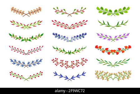 Grüne halbrunde Form Baum Zweige gesetzt. Farbe Blumenblatt oder Beere Ornament Rahmen für Ihr Design Darstellung Blattrand, Trennwand. Lorbeer, Olivenzweig. Ideal für Hochzeitskarte Vektor Illustration Stock Vektor