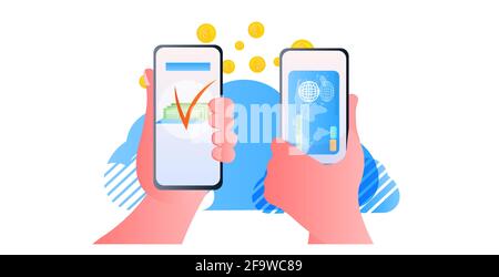 Menschliche Hände senden Dollar-Münzen über Smartphones online Geldtransfer Zahlung von Finanztransaktionen Stock Vektor