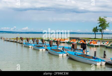 PODERSDORF AM SEE, ÖSTERREICH, 17. JUNI 2016: Mehrere Ruderboote warten am Ufer des neusiedlersees in Österreich auf ihre Kunden. Stockfoto