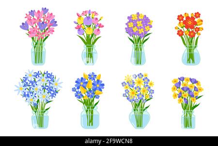 Set von frischen Blumensträußen in einem Glas mit Wasser. Farbe Sommer Bunches in flachen Cartoon-Stil. Schönes Design-Element für Grußkarten oder Hochzeitskarten. Geschenk Wildblumen isoliert Vektor Illustration Stock Vektor