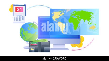 Weltkarte auf Computer Monitor globales Netzwerk Internet-Verbindung Globalisierung Konzept horizontal Stock Vektor