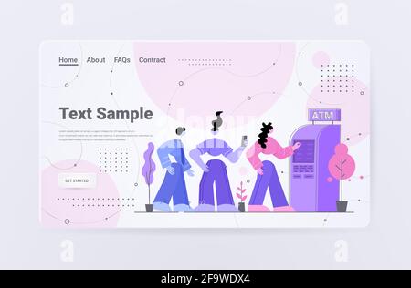 Geschäftsleute, die Schlange stehen, um Bargeld am geldautomaten abzuheben bankkunden, die Kreditkarten verwenden Stock Vektor