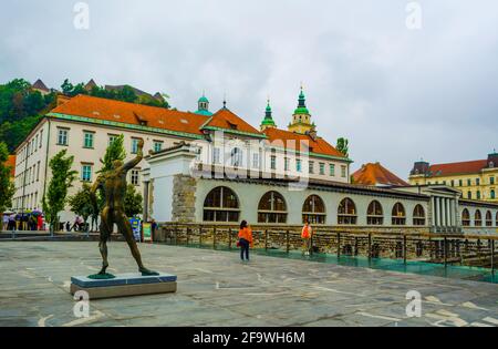 LJUBLJANA, SLOWENIEN, 29. Juli 2015: Die Menschen überqueren den fluss ljubljanica in der slowenischen Hauptstadt ljubljana auf der Mesarski-Meißelmetzerbrücke´s Leadin Stockfoto