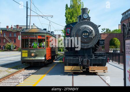 Dampflokomotive Boston & Maine B&M No. 410 0-6-0 ausgestellt im National Streetcar Museum auf der Dutton Street in Downtown Lowell, Massachusetts, MA, USA. Stockfoto