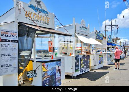 Touristen besuchen Sehenswürdigkeiten entlang der Vorderstraße und den Hafen in Die kleine Maui Stadt Lahaina Hawaii USA Stockfoto