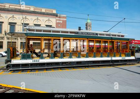 Lowell Open Trolley Streetcar #1602 im National Streetcar Museum auf der Dutton Street in Downtown Lowell, Massachusetts, MA, USA. Stockfoto