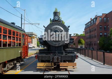 Dampflokomotive Boston & Maine B&M No. 410 0-6-0 ausgestellt im National Streetcar Museum auf der Dutton Street in Downtown Lowell, Massachusetts, MA, USA. Stockfoto