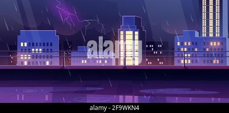 Terrasse auf dem Dach bei Nacht Sturm, Blick auf die Stadt von der leeren Terrasse auf dem Dach mit Geländer auf Stadtbild Hintergrund mit modernen Gebäuden und Wolkenkratzern unter Regen und Blitze, Cartoon-Vektor-Illustration Stock Vektor