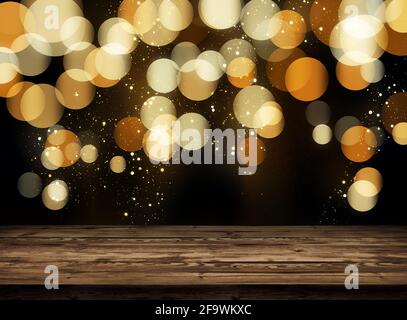Holztischplatte auf einem goldenen Bokeh abstrakten Hintergrund. Glitzernde Goldpartikel in der dunklen Nacht. Wunderbare märchenhafte Atmosphäre, magisches Leuchten Stockfoto