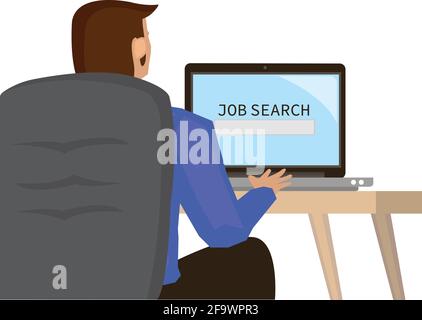 Mann besucht Job-Suche Karriere-Website. Rekrutierung Beruf Berufskonzept. Flache Cartoon Charakter Vektor Illustration isoliert auf weißem Hintergrund Stock Vektor