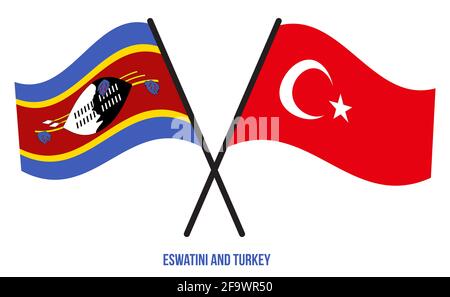 Eswatini und Türkei Flaggen gekreuzt und winken Flat Style. Offizieller Anteil. Korrigieren Sie Die Farben. Stockfoto