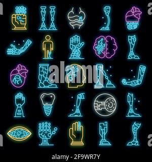 Symbole für künstliche Gliedmaßen eingestellt. Umreißen Satz von künstlichen Gliedmaßen Vektor-Symbole Neonfarbe auf weiß Stock Vektor