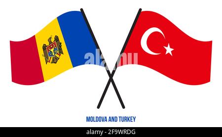 Moldawien und Türkei Flaggen gekreuzt und winken Flat Style. Offizieller Anteil. Korrigieren Sie Die Farben. Stockfoto