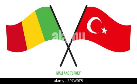 Mali und Türkei Flaggen gekreuzt und winkend Flat Style. Offizieller Anteil. Korrigieren Sie Die Farben. Stockfoto
