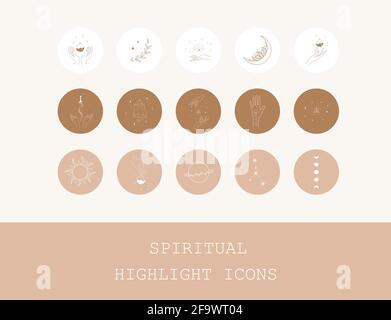 Spirituelle Highlight-Cover für Social Media. Esoterische und okkulte Ikonen. Hände mit Schwert, Tränke, Mond und Sternen. Boho-Logo im linearen Stil für Stock Vektor