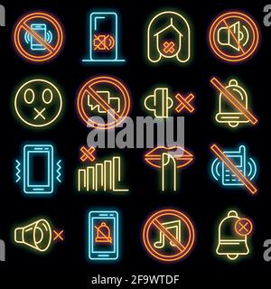Symbole für Stummschaltung eingestellt. Umreißen Sie Set von Stille Vektor-Symbole Neonfarbe auf schwarz Stock Vektor
