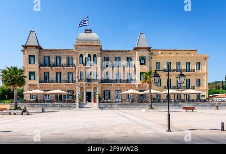 Das Poseidonion Grand Hotel. Es ist eines der luxuriösesten Hotels in Südosteuropa und ein Wahrzeichen an der Skyline von Spetses. Stockfoto