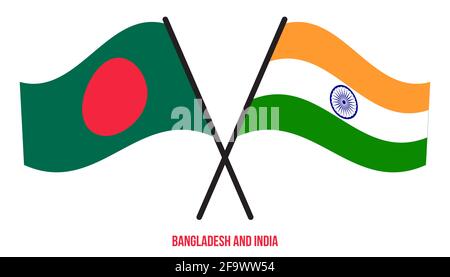 Bangladesch und Indien Flaggen gekreuzt und winken Flat Style. Offizieller Anteil. Richtige Farben. Stock Vektor
