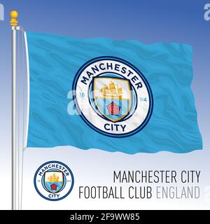 Europa, Jahr 2021, Manchester City Football Club Flagge und Wappenmannschaft in der neuen Super League Meisterschaft, Illustration Stockfoto