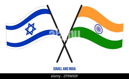 Israel und Indien Flaggen gekreuzt und winken Flat Style. Offizieller Anteil. Richtige Farben. Stock Vektor