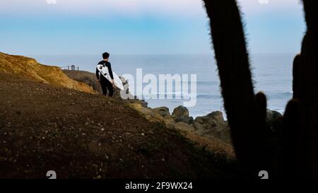 Surfer Walking zum Surfen, Blaues Stundenlicht, Sonnenaufgang, in punta de lobos, Pichilemu, Chile. Stockfoto