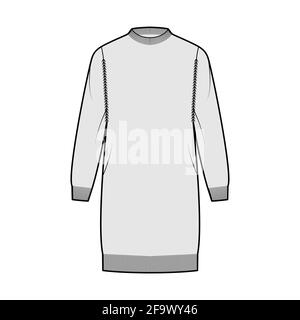 Kleid Fisherman Sweater technische Mode Illustration mit geripptem Rundhalsausschnitt, langen Ärmeln, übergroß, knielang, Strickbesatz. Flatpullover-Bekleidung vorne, in grauer Optik. Frauen Männer Unisex CAD Mockup Stock Vektor