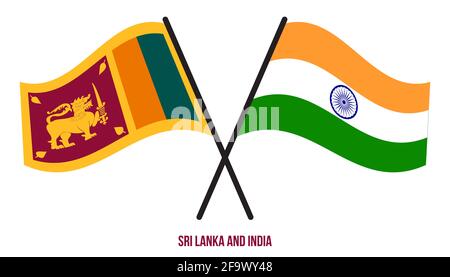 Sri Lanka und Indien Flaggen gekreuzt und winken Flat Style. Offizieller Anteil. Richtige Farben. Stock Vektor