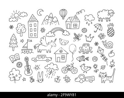 Eine Reihe von untergeordneten Zeichnungen. Kinderkritzel. Sonne in den Wolken, Sommerblumen, bemalte Häuser, niedliche Katze und andere schwarz-weiße Elemente. Vektor Stock Vektor