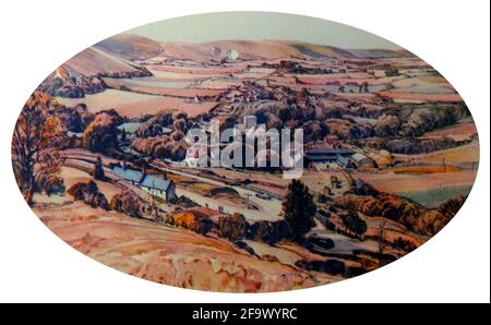 Eine alte farbige Skizze des Dorfes Poynings, Sussex. Stockfoto