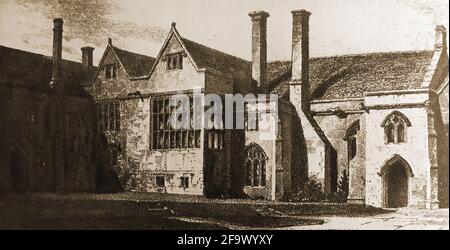 Ein Stich aus dem frühen 19. Jahrhundert des Herrenhauses von South Wraxall in Wiltshire, Großbritannien. Das Gebäude der Klasse I stammt teilweise aus dem 14. Jahrhundert und soll einer der Orte sein, an denen Sir Walter Long und sein Freund Sir Walter Raleigh erstmals Tabak in Großbritannien rauchten. Während des Zweiten Weltkriegs wurde es von Evakuierten und später als Erholungsheim für Kinder genutzt. Stockfoto