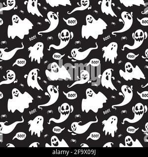 Niedlichen Geist boo Urlaub Charakter nahtlose Muster flachen Stil Design Vektor Illustration Set isoliert auf dunklem Hintergrund. Halloween Spukboo gespenstisch Stock Vektor