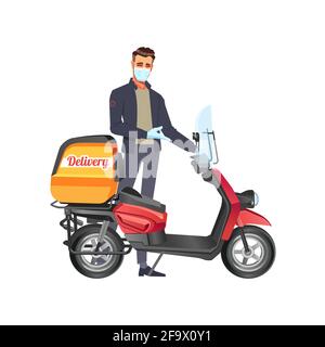 Delivery Mann tragen Schutzmaske und bereit, Lieferung von Lebensmitteln auf Roller, Express-Lieferung von Lebensmitteln und Online-Shopping-Konzept zu senden. Flaches Cartoon-Design Stock Vektor
