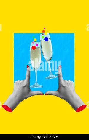 Zeitgenössische Kunstcollage, modernes Design. Partylaune. Weibliche Hände umrahmend zwei Champagner Gläser mit hellen Blasen Stockfoto