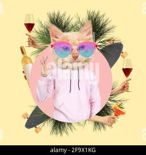 Zeitgenössische Kunstcollage, modernes Design. Partylaune. Mann in pinkem Outfit, angeführt von einer stilvollen Katze, umgeben von Cocktailgläsern Stockfoto
