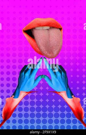 Zeitgenössische Kunstcollage, modernes Design. Partylaune. Zwei florale Hände berühren großen weiblichen Mund mit Zunge heraus. Stockfoto