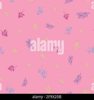 Vektor rosa Hintergrund Kräuter, Blatt, Blumen und Pflanzen Textur nahtlose Muster. Nahtloser Musterhintergrund Stock Vektor