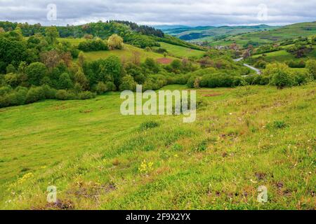 karpaten Landschaft im Frühjahr. Schöne ländliche Landschaft in den Bergen. Nasse Wiese am frischen Morgen. Straße gewunden durch Tal zum Dorf. d Stockfoto