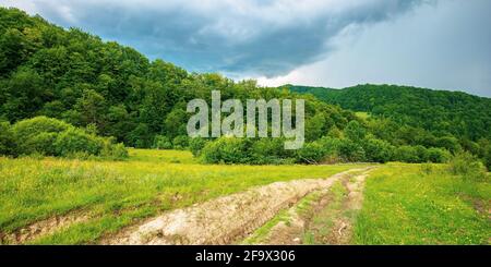 Schotterweg durch bewaldete Landschaft. Schöne Sommer ländliche Landschaft in den Bergen. Abenteuer in der Natur Landschaft vor dem Sturm Stockfoto