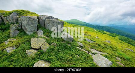 alpine Berglandschaft im Sommer. wolkiges Wetter. Steine und Felsbrocken auf grasbewachsenen Hügeln und Wiesen. Schöne Aussicht in die Ferne Stockfoto