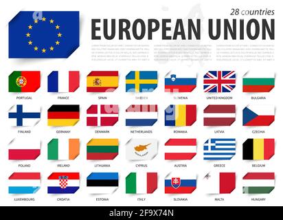 Europäische Union . EU-Flagge und Ländermitgliedschaft . Und europa-Karte im Hintergrund . Eingefügtes Papier Fahnen Design . Vektor . Stock Vektor