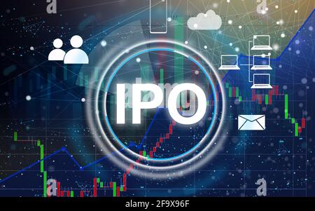 Geschäftsmann drückt Taste ipo Initial Public Offering auf Chart-Telefon. Stockfoto