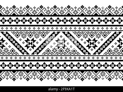 Ukrainische, belarussische Volkskunst Vektor nahtlose Muster, Retro monochromen langen Kreuzstich Ornament inpired von Volkskunst - Vyschywanka Stock Vektor