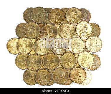 Draufsicht auf Sacagawea US Golden Dollars von oben. Gerade nach unten Hintergrund viele Münzen. Stockfoto