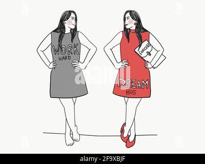 Arbeiten Sie hart und träumen große Frau in kausalen Kleid und Business Kleid Transformation Linie Kunst Zeichnung Illustration Stockfoto