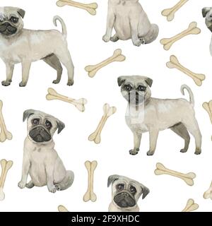 Aquarell nahtlose handgezeichnete Muster mit Pugs Hunde Rasse isoliert auf weißem Hintergrund. Lustige niedliche Cartoon Haustier Tiere für textile Verpackung Papier Hintergrund Textur. Trendiger Kinderaufdruck für Kinder Stockfoto