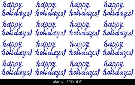 Trendy blauer Schriftzug Happy Holidays, handgezeichnete Phrase auf isoliert auf Weiß. Nahtloses Muster mit Marmorstruktur. Aquarelldarstellung Stockfoto