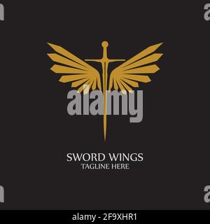 Schwert mit Flügeln. Goldenes Schwert Symbol auf schwarzem Hintergrund. Stock Vektor